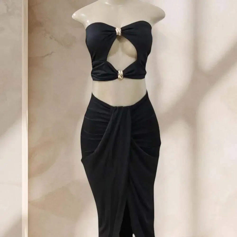 Black Two Piece Set – Strapless Top & Draped Maxi Skirt Gold Detail Sexy ✧ S
